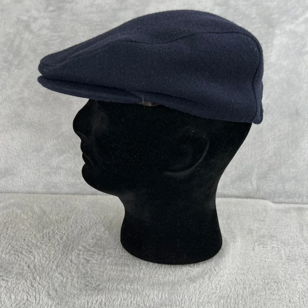 Vintage Wool Flat Cap Navy Blue Newsboy Ivy Driving Leather Strap USA Made Hat